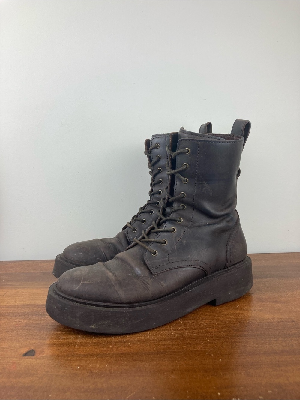 Thursday Everyday Brown Leather Combat Boots Lace-Up Side Zip Portugal Men’s 9.5
